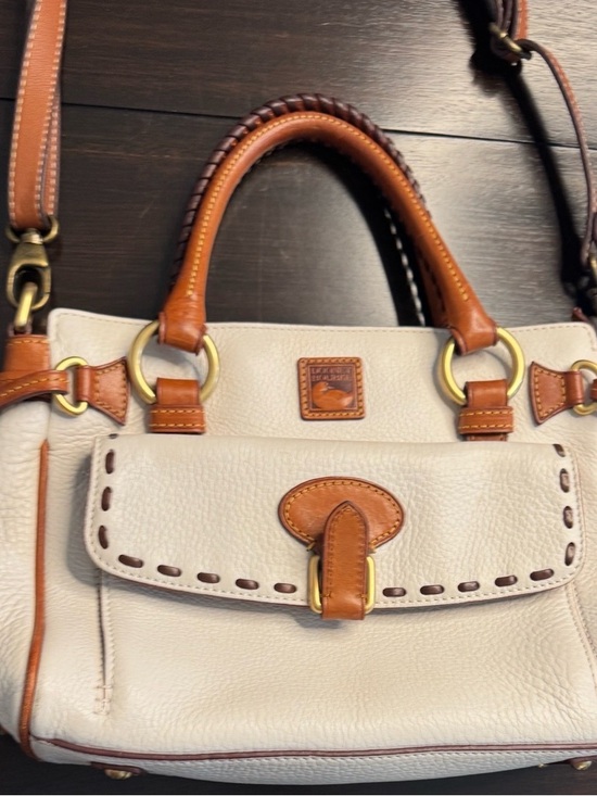 Dooney & Bourke Handbags - Dooney & Bourke Cream Leather Satchel with Brown Trim and Brass Hardware